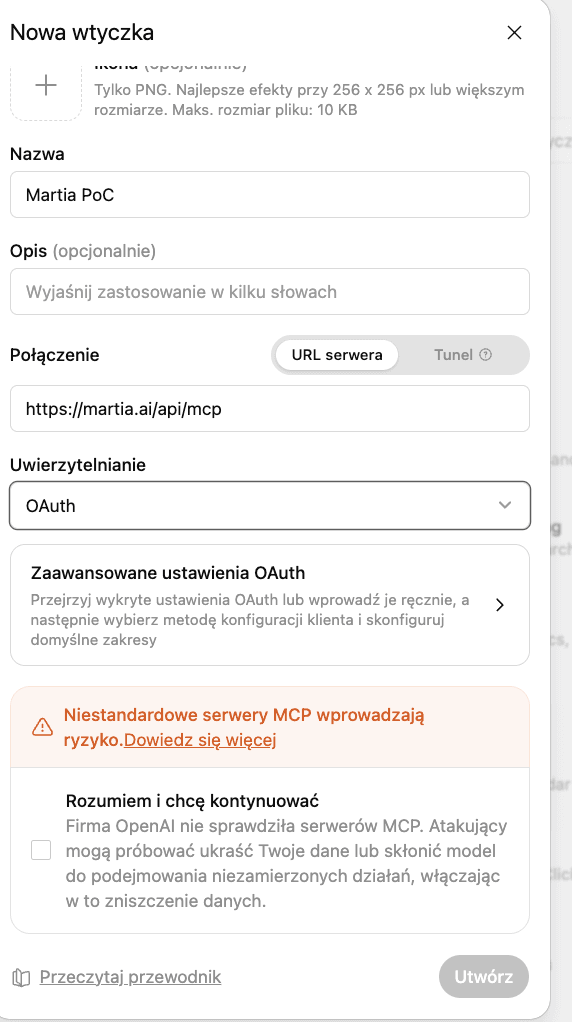 ChatGPT's new plugin dialog with Martia's server address and OAuth selected