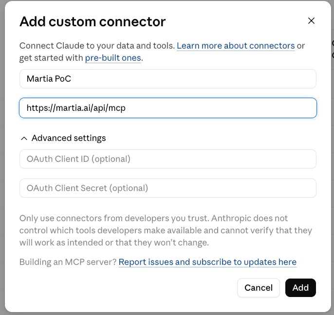 Claude's add custom connector dialog with Martia's server address pasted in