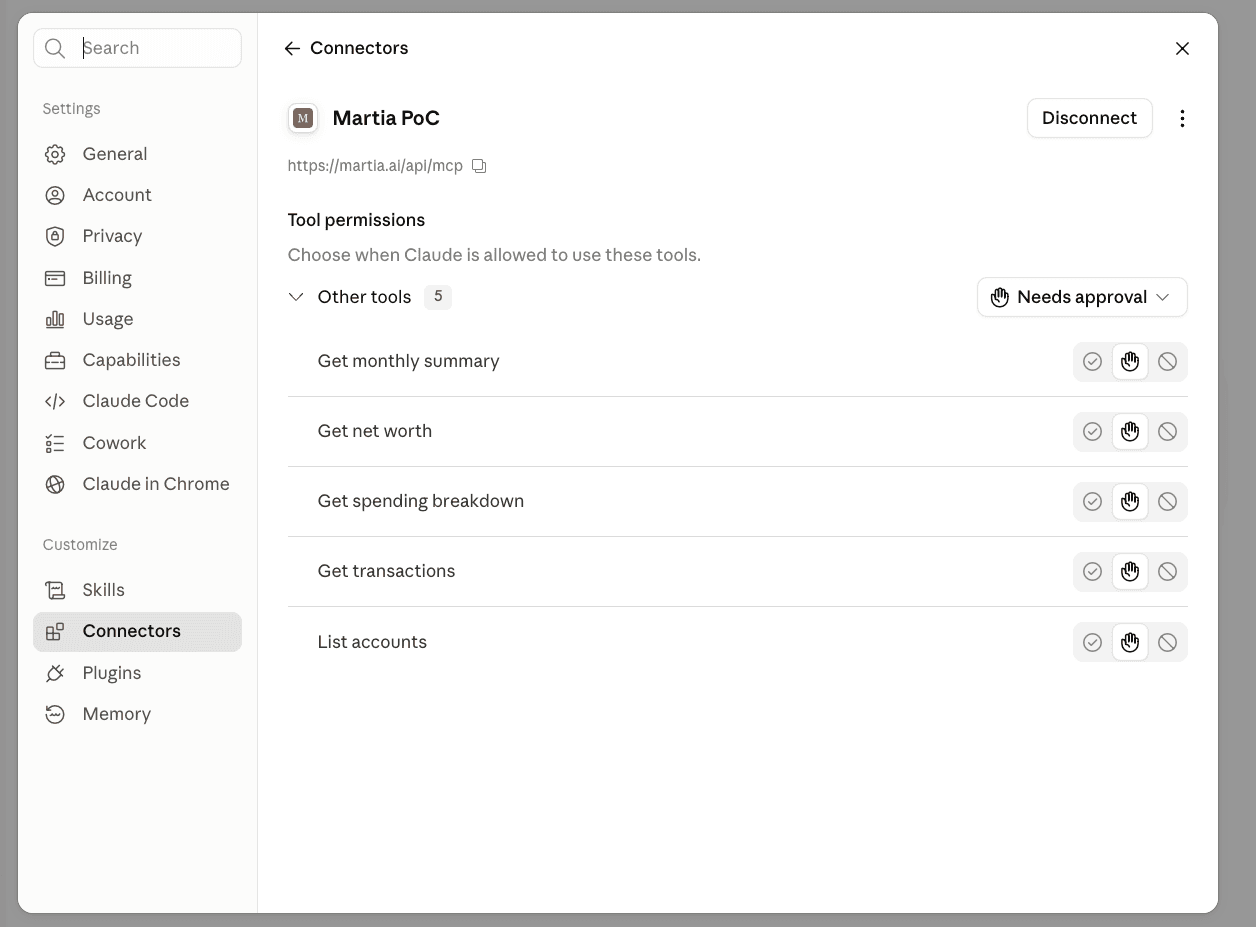 Claude's connector settings after connecting, showing Martia's five tools