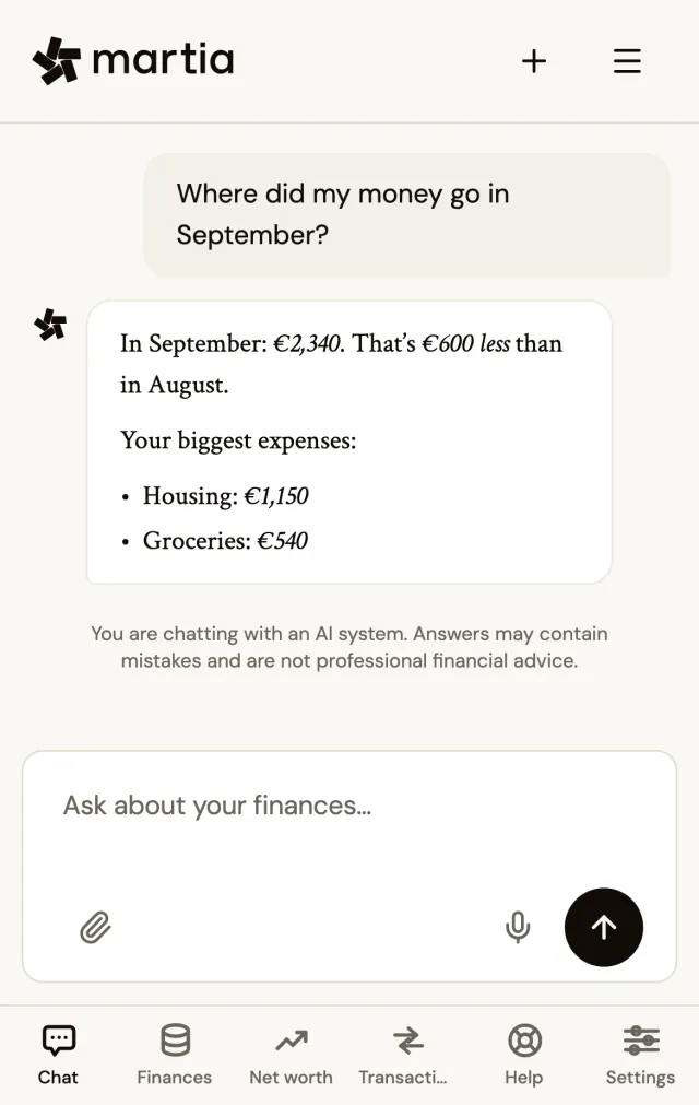Martia's chat in the app: an answer about September spending, with sample data