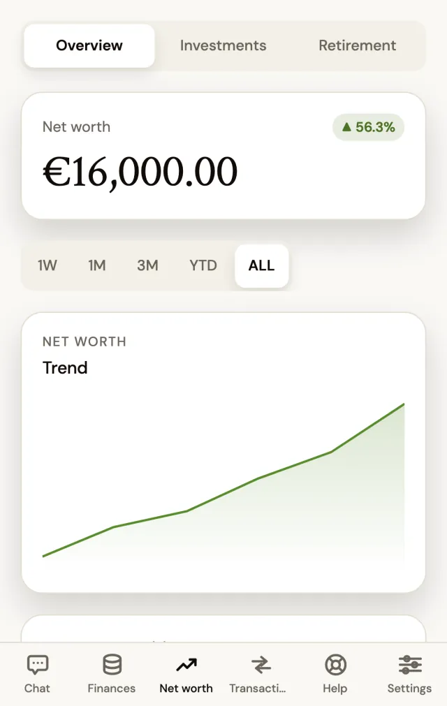 Net worth and its trend in the Martia app, with sample data